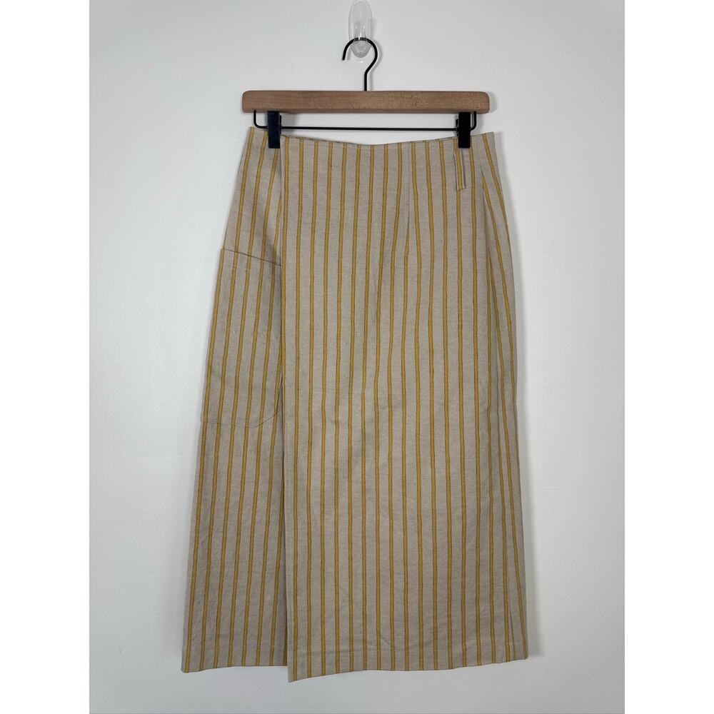 KUHO Korean Designer Wrap Midi Skirt in Beige & Yellow Stripes